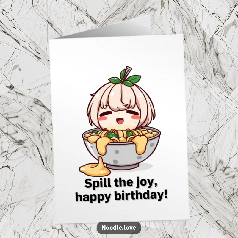 Funny free printable birthday card of a ramen bowl character spilling slightly, looking embarrassed but happy, wishing a joyful day.