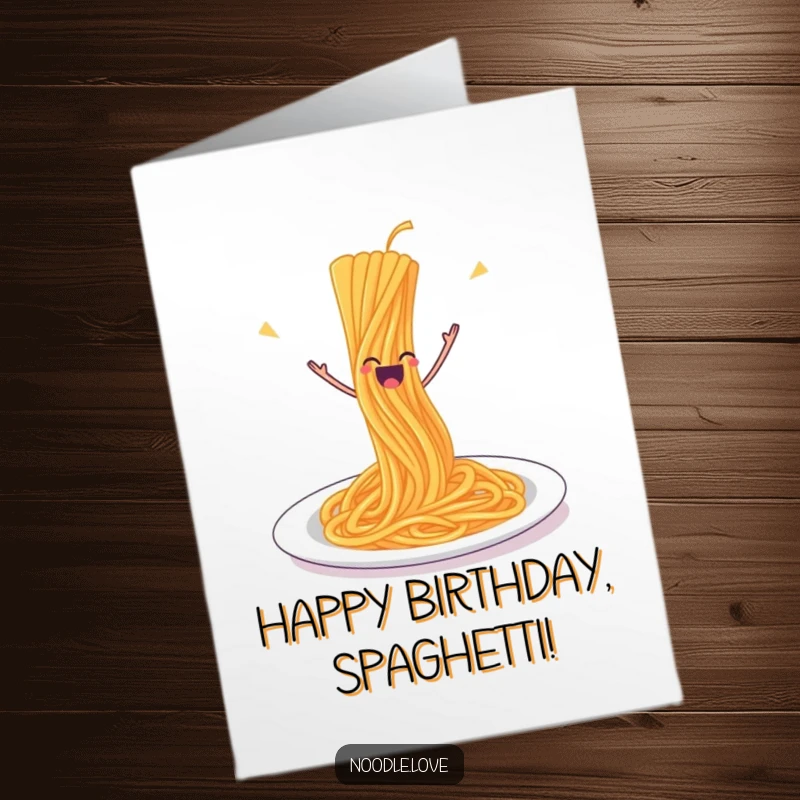 Funny Free Printable Birthday Card: A spaghetti strand joyfully leaping off a plate, celebrating your birthday in style.