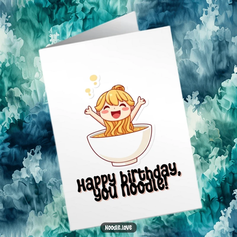 Free Printable Birthday Card: Smiling noodle character joyfully leaping out of a hot, steaming bowl.