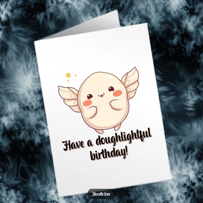 Funny Free Printable Birthday Card: A whimsical dumpling character sprouts tiny wings and tries to fly happily.