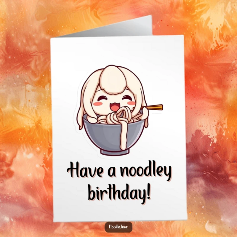 Funny Free Printable Birthday Card showing an anthropomorphic udon noodle character joyfully slurping its own delicious self.