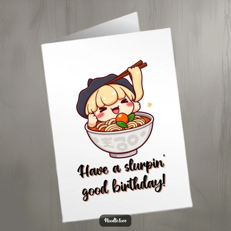 Funny Free Printable Birthday Card: Kawaii ramen character using chopsticks to catch a floating ingredient, playful birthday wish.