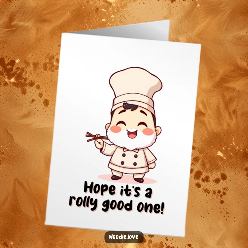 Funny Free Printable Sushi Chef Birthday Card, giggling in a tall hat holding chopsticks, ready for a feast.