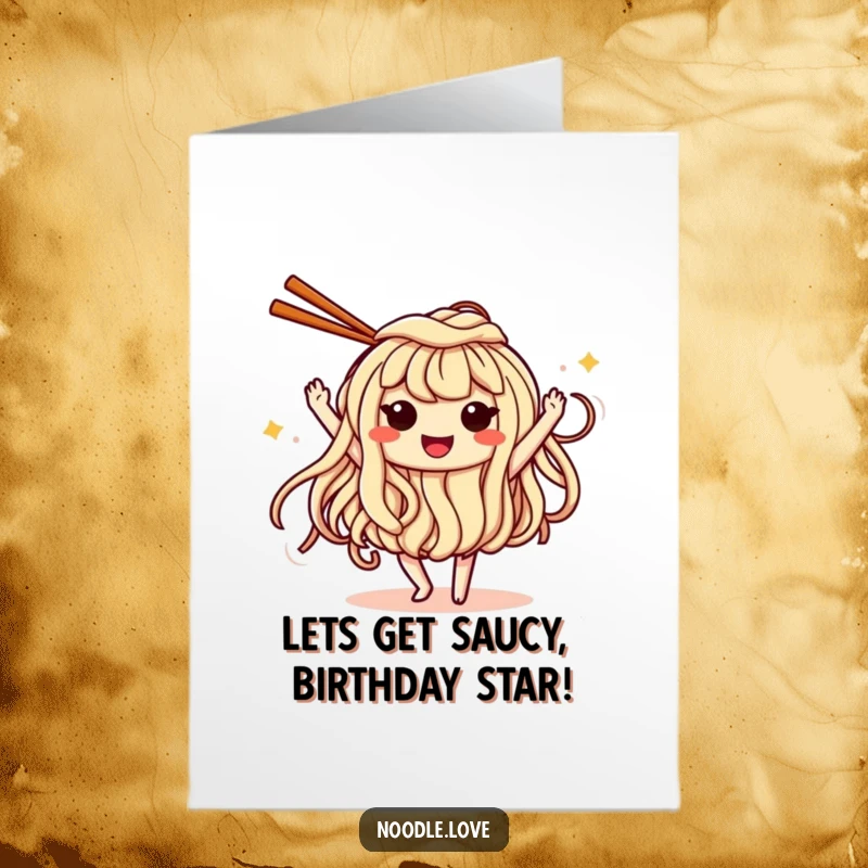 Funny Free Printable Birthday Card featuring a smiling noodle character dancing joyfully with chopsticks.