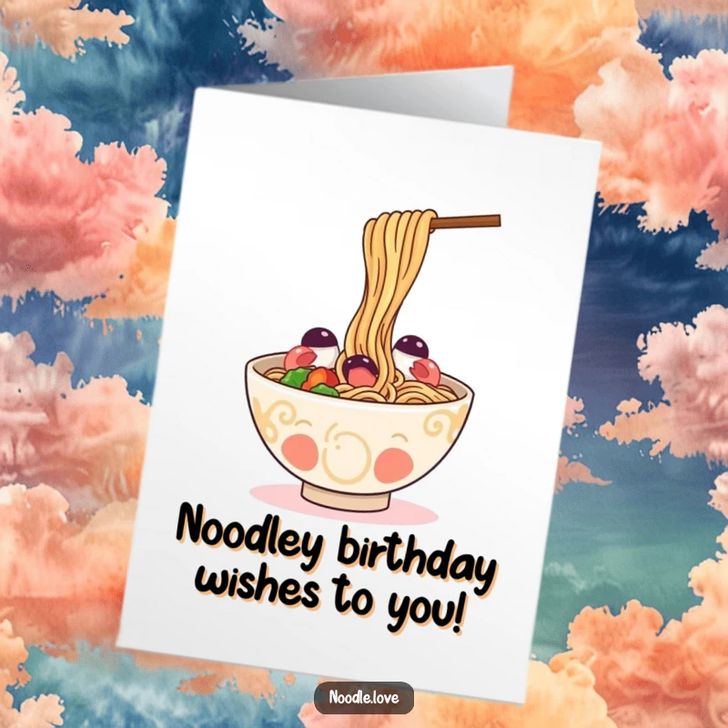 Funny Free Printable Birthday Card featuring a happy ramen bowl playfully slurping its own noodles.