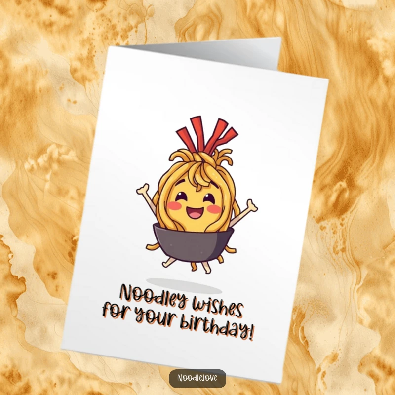 Funny Free Printable Birthday Card: A characterful fried noodle character joyfully bouncing with pure delight, radiating happiness.