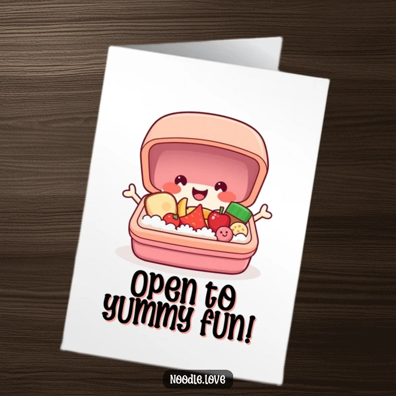 Funny Free Printable Birthday Card: A cheerful bento box character popping open to reveal smiling mini foods. A delightful, downloadable birthday greeting.