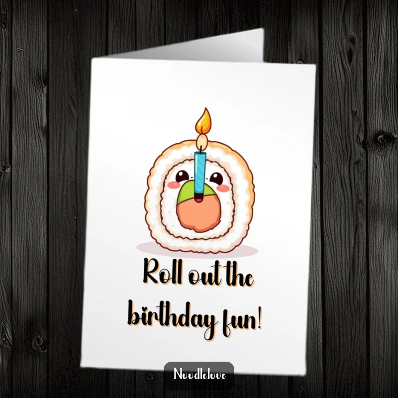Funny Free Printable Birthday Card: Sushi roll character bursting open with a surprise birthday candle, celebrating with explosive joy, a unique printable gift.
