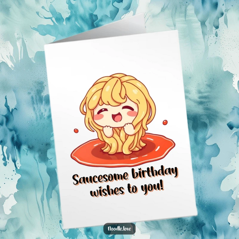 Funny Free Printable Birthday Card: A cheerful noodle character joyfully splashing in a puddle of delicious sauce.