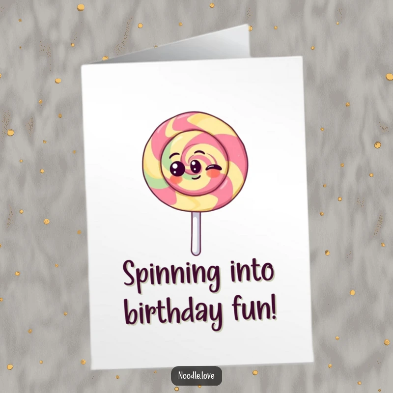 Funny Free Printable Birthday Card: A cheerful Kawaii lollipop character spinning ecstatically, celebrating a birthday with pure delight.