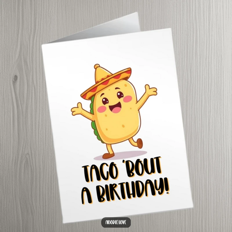 Funny Free Printable Birthday Card: Jubilant taco with floppy sombrero legs dancing joyfully, party humor.