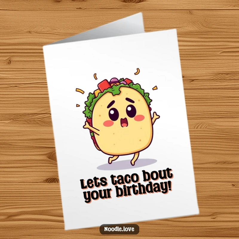 Funny free printable birthday card: A surprised taco character dancing energetically with its toppings flying everywhere, a birthday fiesta.