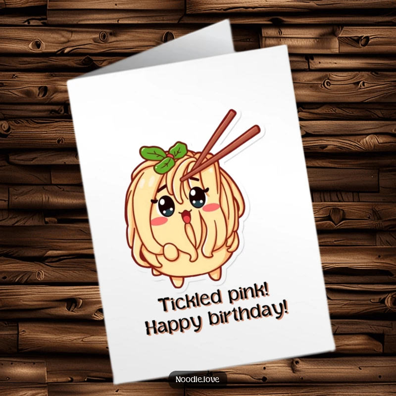 Funny Free Printable Birthday Card: Noodle character with wide eyes, being tickled by a chopstick. A quirky DIY gift.