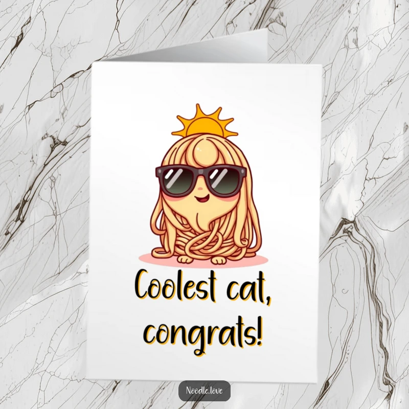 Free Printable Congratulations Card: Happy noodle character looking cool in tiny sunglasses on a sunny day.