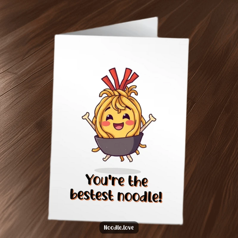 Funny Free Printable Congratulations Card: A characterful fried noodle character bouncing with excitement and delight, marking a happy moment.