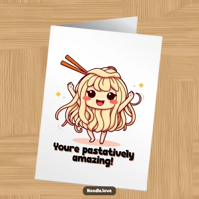 Funny Free Printable Congratulations Card with a smiling noodle character dancing exuberantly with chopsticks.