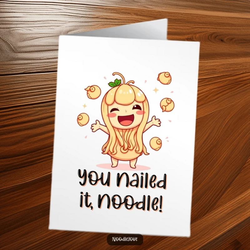 Funny Free Printable Congrats Card: A gleeful noodle character expertly juggles small dumplings, conveying immense joy for any congratulatory occasion.