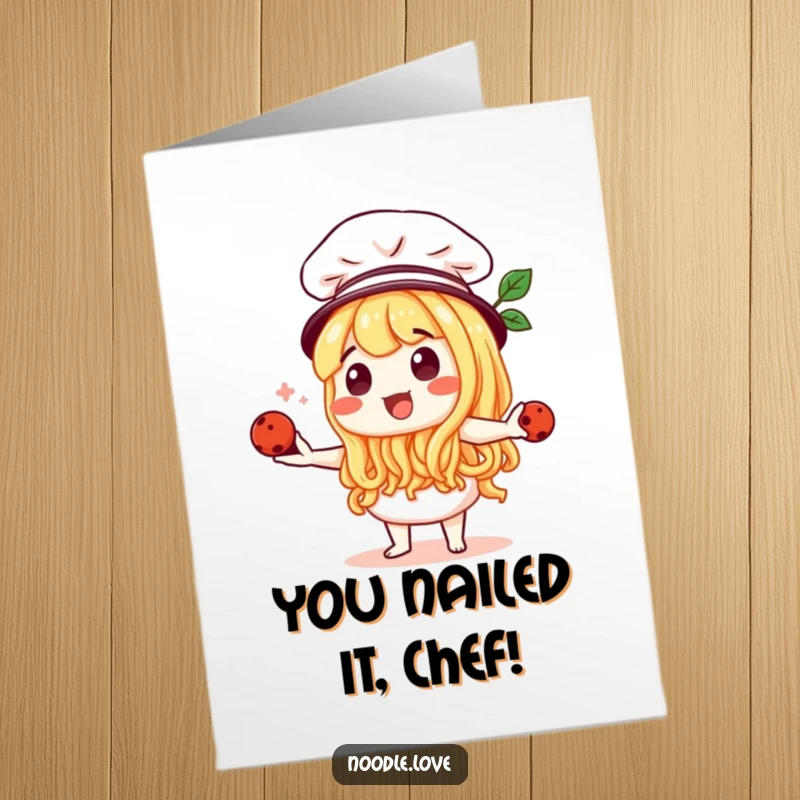 Funny Free Printable Congratulations Card: Noodle chef in a small hat, juggling meatballs expertly. A humorous downloadable art.