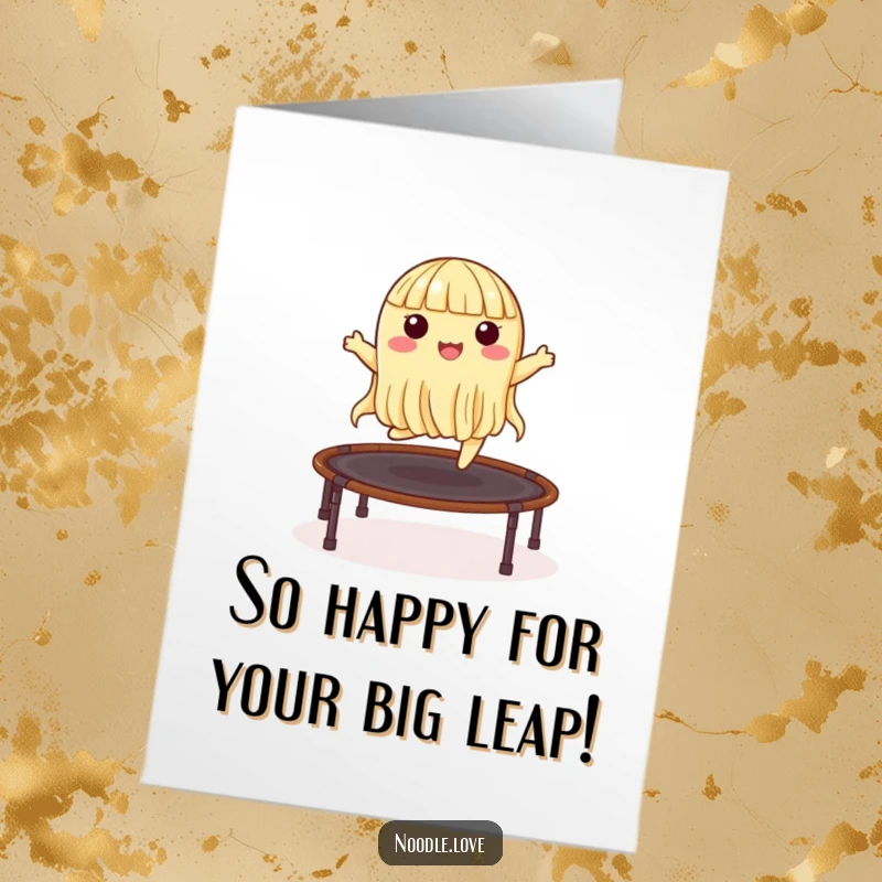 Funny free printable congratulations card featuring a happy noodle character mid-bounce on a nori trampoline, pure elation.