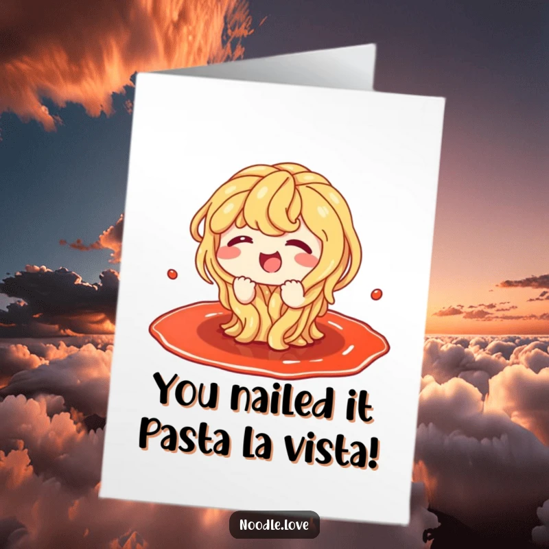 Funny Free Printable Congratulations Card: A happy noodle character is splashing gleefully in a big puddle of yummy sauce.