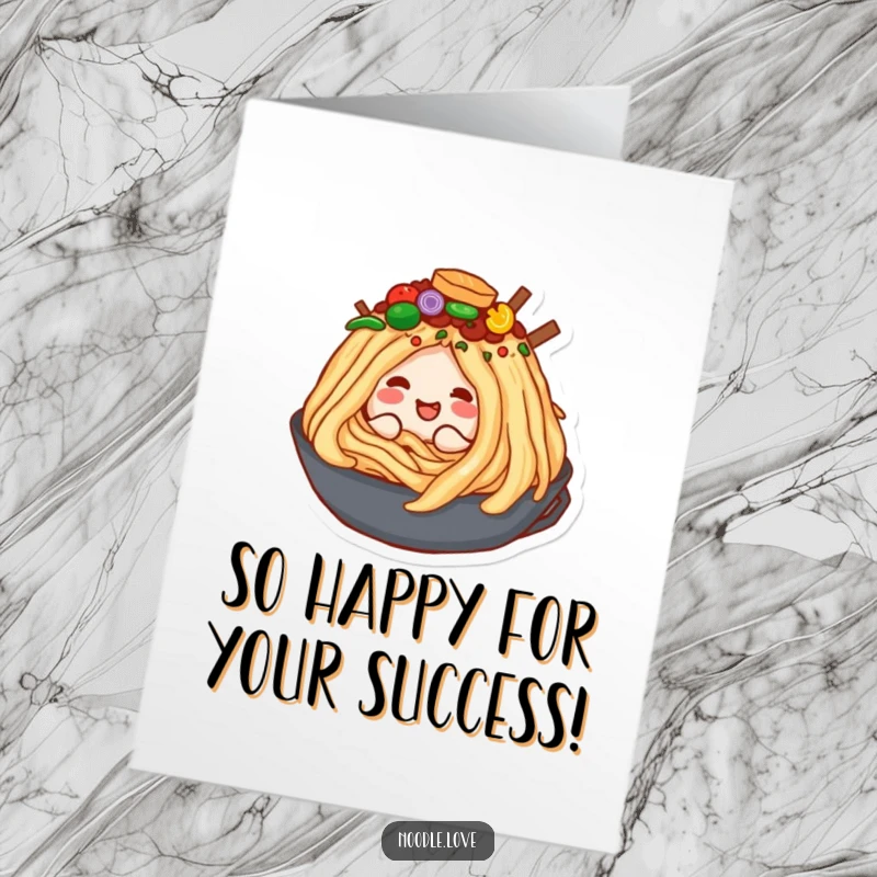 Funny Free Printable Congratulations Card: A cheerful noodle character happily burying itself into an abundant pile of yummy toppings.