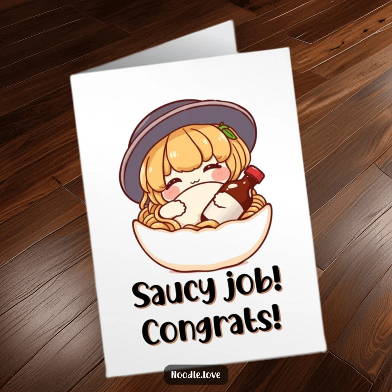 Funny Free Printable Congratulations Card: A content noodle character snuggles a tiny soy sauce bottle like a pillow.