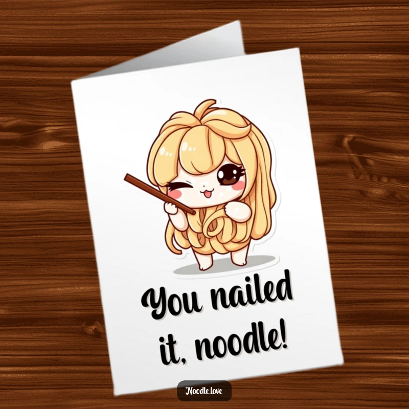 Funny Free Printable Congratulations Card: A mischievous noodle winks while expertly balancing tiny chopsticks, celebrating success with playful DIY humor.