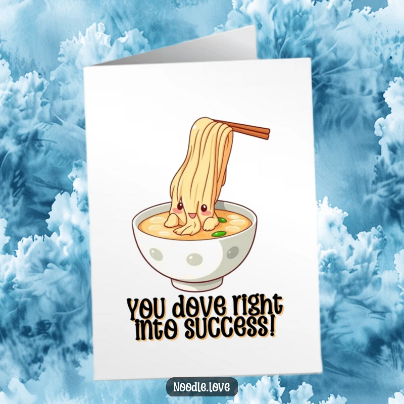 Funny Free Printable Congratulations Card: Noodle character takes a dramatic dive into a bowl of broth, celebrating a win with full immersion, a unique printable gift.