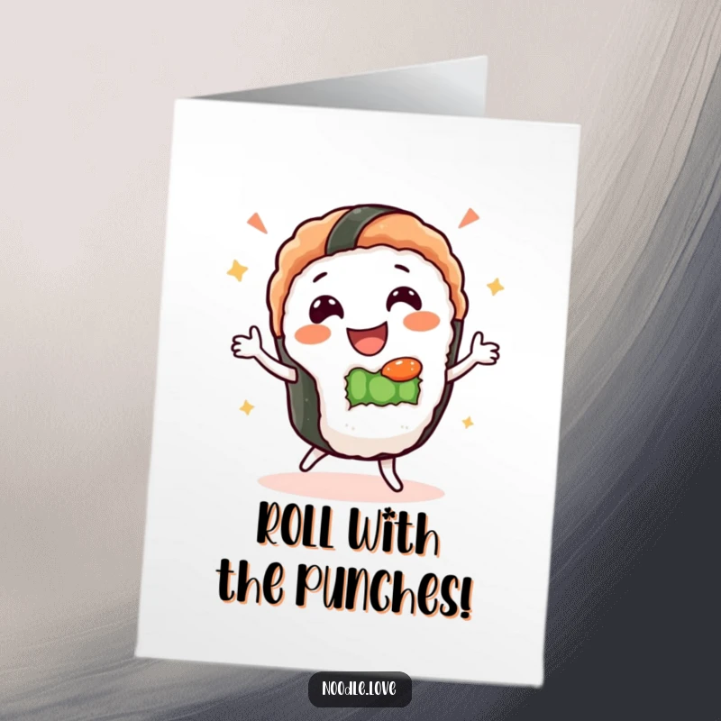 Funny Free Printable Sushi Congratulations Card: A happy sushi character dances gleefully, perfect for celebrating achievements.