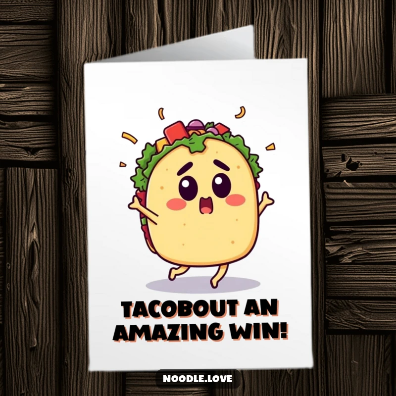 Funny free printable congratulations card: A surprised taco character dancing wildly with toppings flying, celebrating a big win.