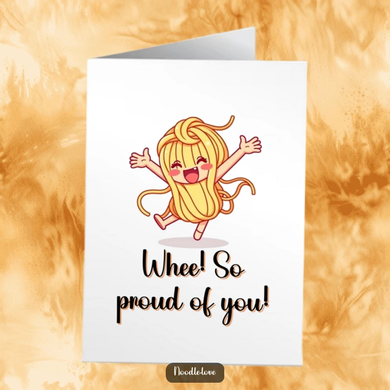 Funny Free Printable Congratulations Card: Noodle looping with pure elation, celebrating success. A vibrant downloadable art.