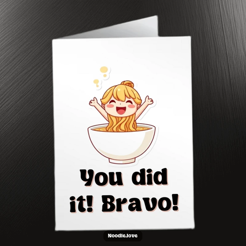 Free Printable Congratulations Card: Smiling noodle character making a joyful leap from a warm, steaming bowl.