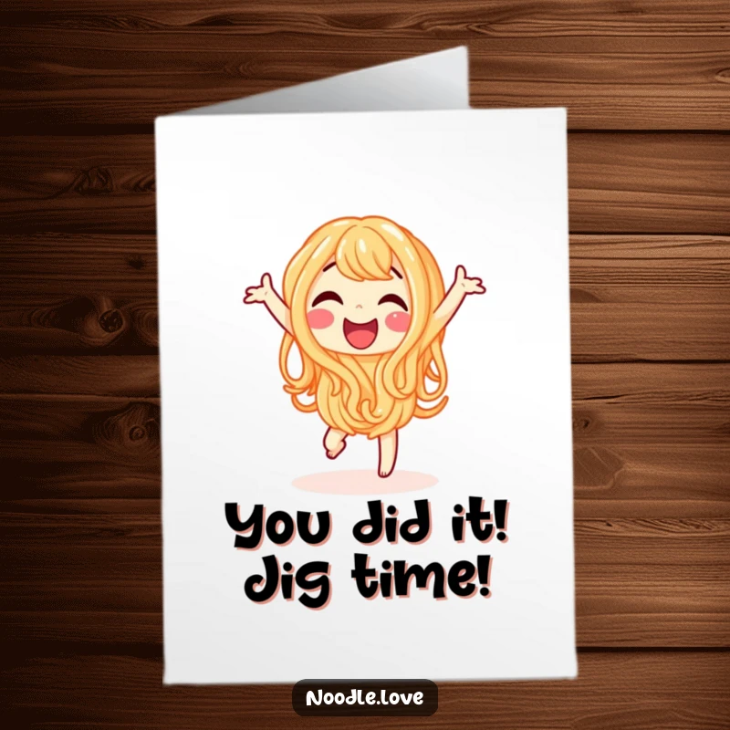 Funny Free Printable Congratulations Card: Joyful noodle character dancing with glee, a lively downloadable greeting for exciting achievements.