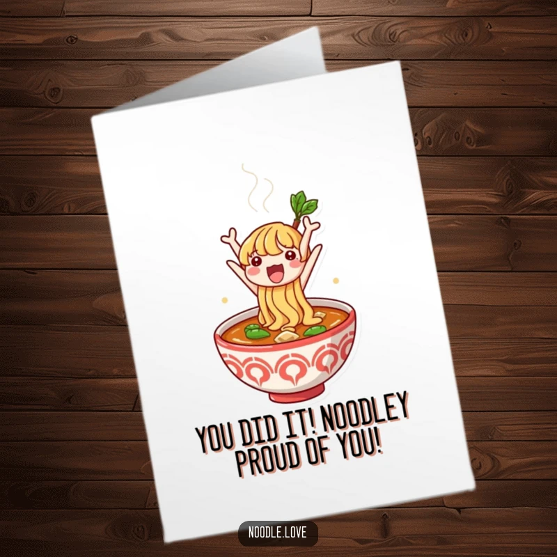 Funny Free Printable Congratulations Card: Noodle character bursting from a ramen bowl in excited celebration, perfect for congrats.