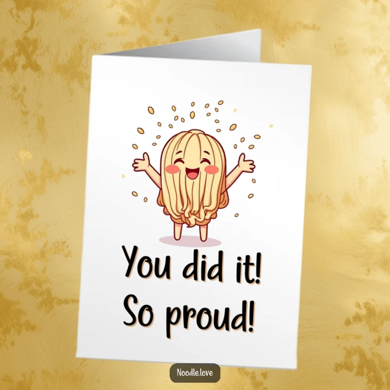 Funny free printable congratulations card showing a happy noodle character tossing a shower of sesame seeds in celebration.