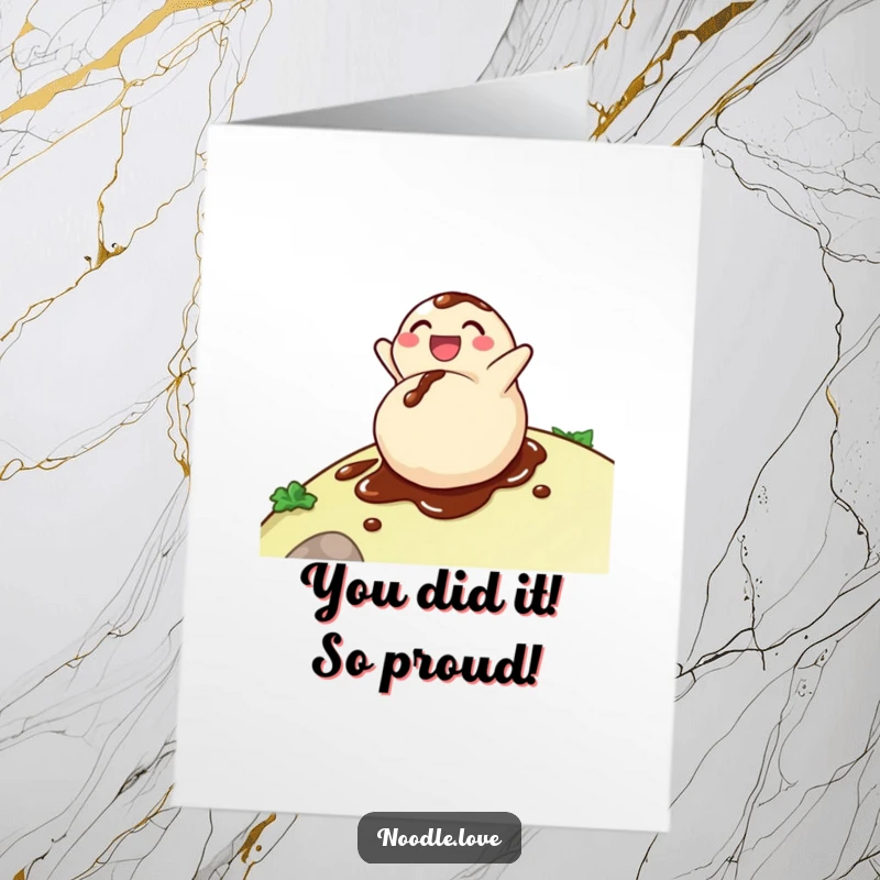 Funny Free Printable Congratulations Card: A delighted dumpling character rolling downhill, covered in soy sauce, celebrating big achievements. Downloadable joy.