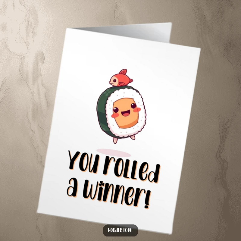 Funny Free Printable Congratulations Card: A sushi roll executing a backflip, celebrating a momentous occasion with flair.