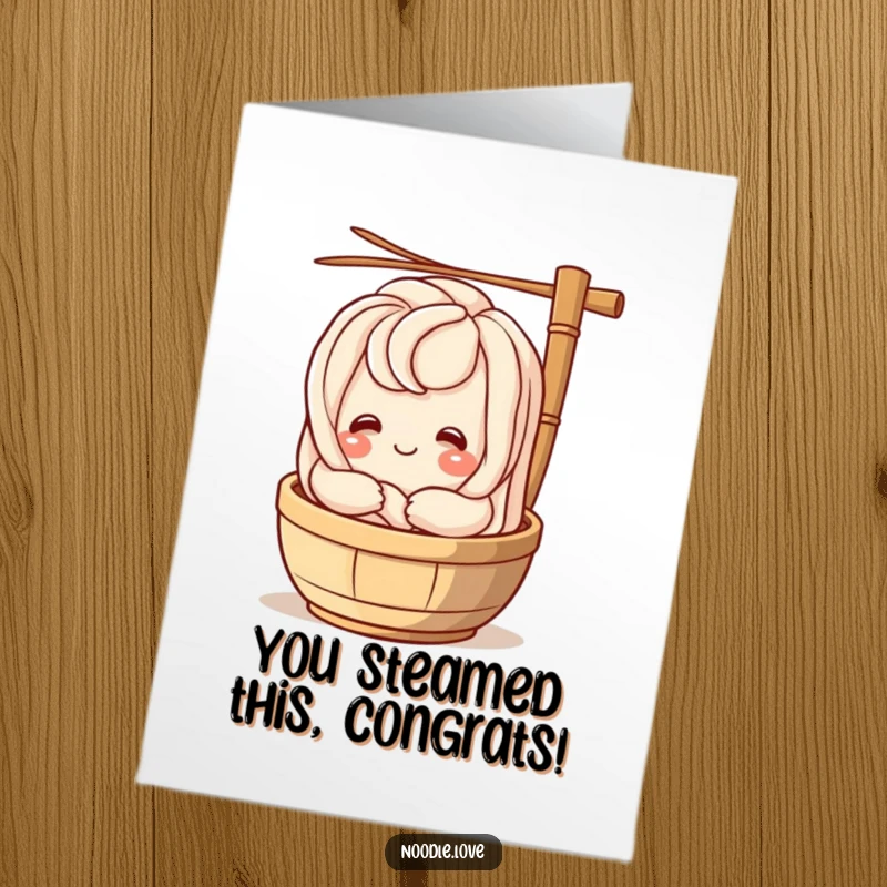 Funny Free Printable Congratulations Card: Udon noodle character beaming inside a bamboo steamer, celebrating success.