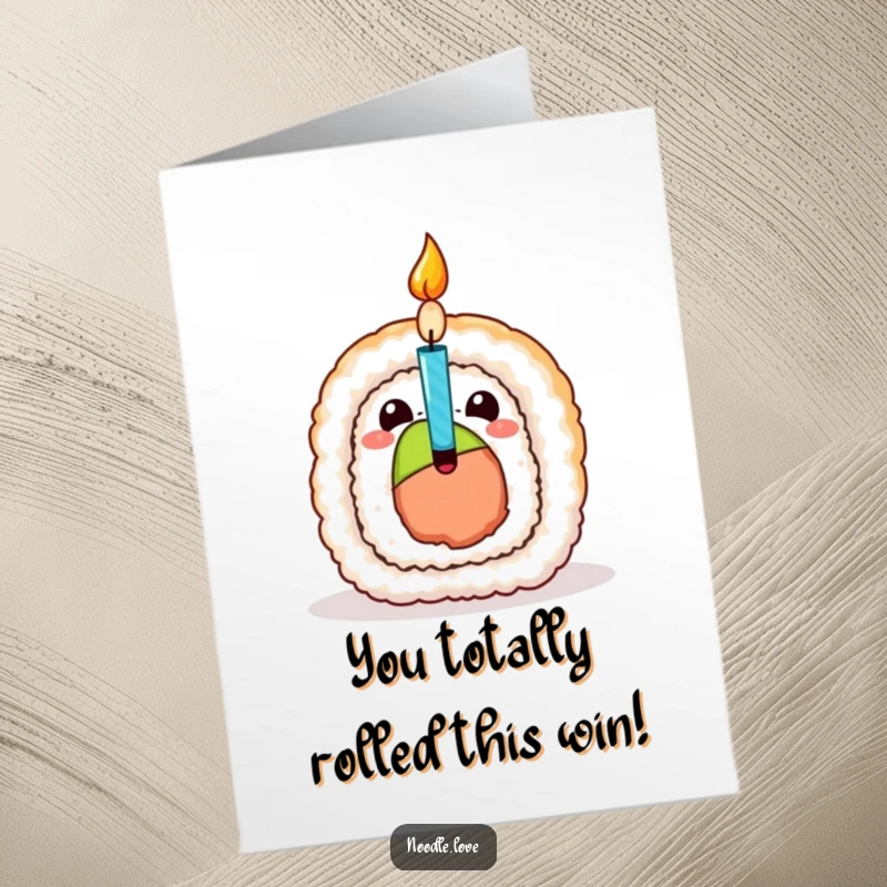 Funny Free Printable Congratulations Card: Sushi roll character popping open with a surprise candle, celebrating an achievement with playful excitement, a unique printable gift.
