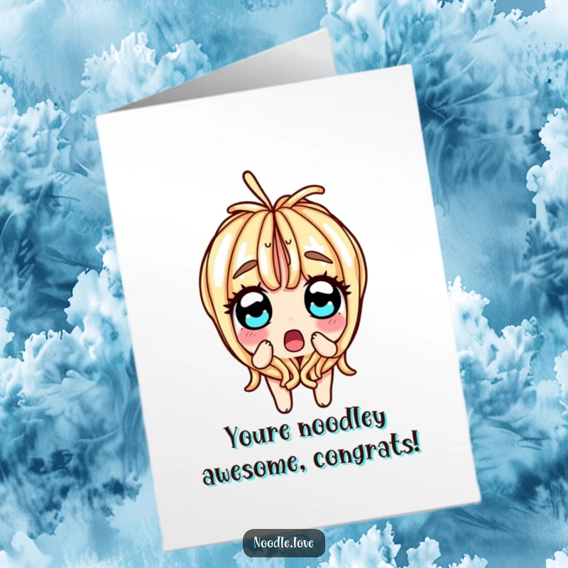 Funny Free Printable Congratulations Card: Surprised noodle character in two halves, eyes wide with astonishment after a significant event