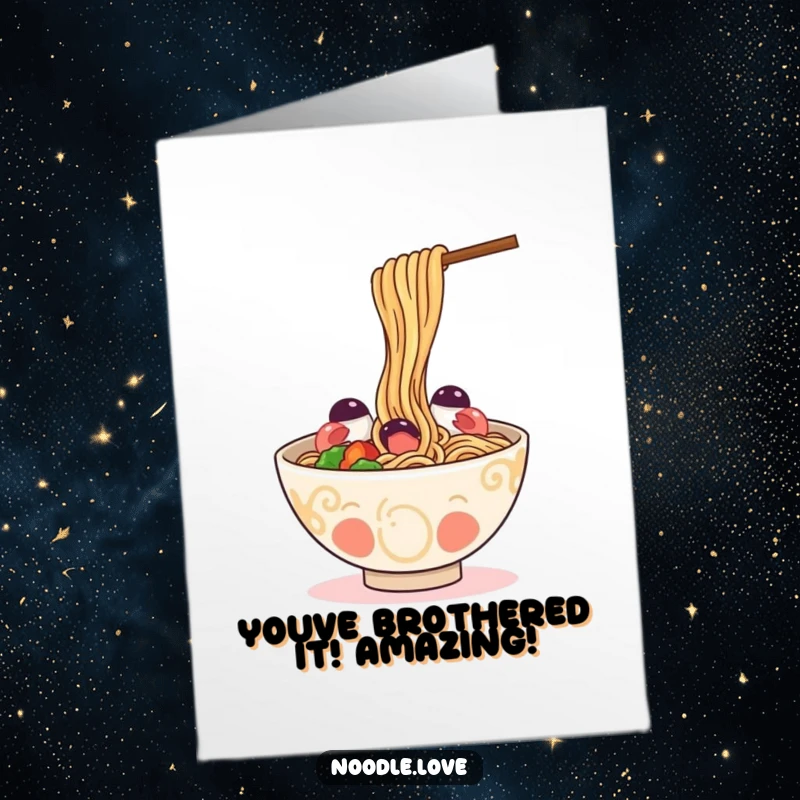 Funny Free Printable Congratulations Card with a happy ramen bowl playfully slurping its own noodles in celebration.