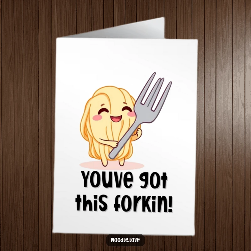 Funny Free Printable Congratulations Card: Noodle character grins mischievously while teasing a giant fork, celebrating victory with playful confidence, a unique printable gift.