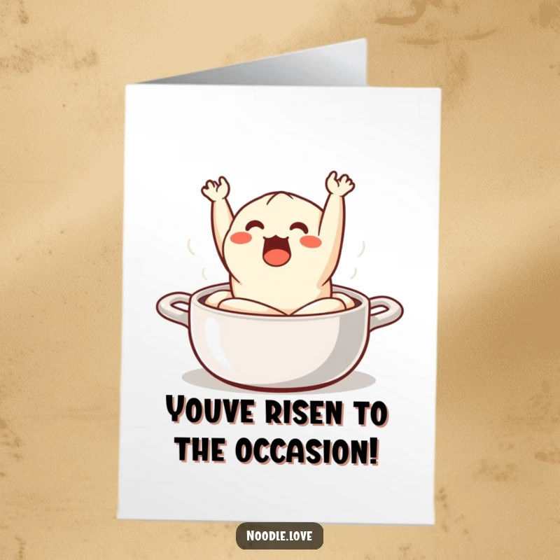 Funny Free Printable Congratulations Card with a surprised dumpling character emerging from a steaming pot.