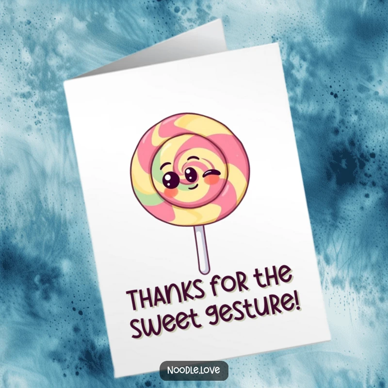 Funny Free Printable Thank You Card: A happy Kawaii lollipop character spinning with joy, offering sweet and colorful gratitude.