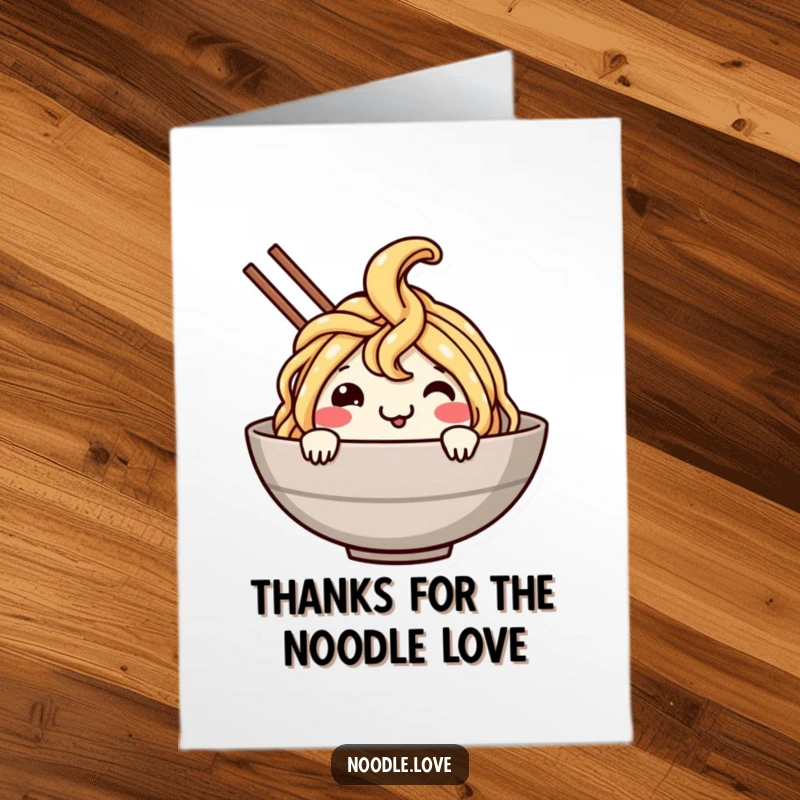 Funny Free Printable Noodle Thank You Card: A smiling noodle character cheerfully dives into a bowl, expressing thanks.