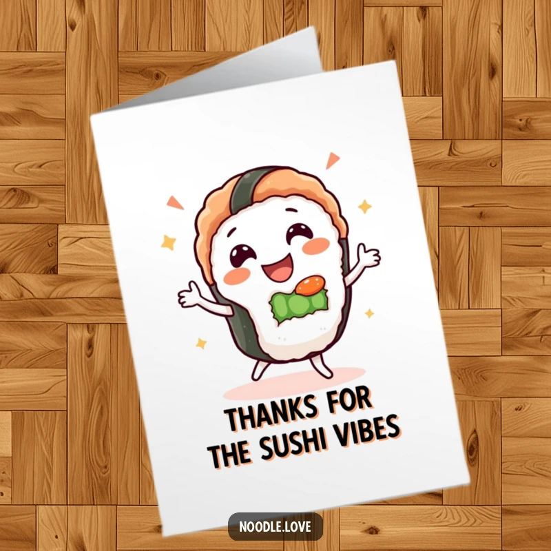 Funny Free Printable Sushi Thank You Card: A happy sushi character performs a silly dance, conveying thanks.