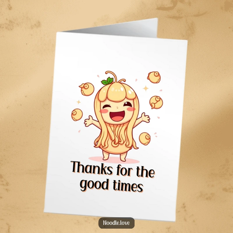 Funny Free Printable Thank You Card: A happy noodle character giggles while juggling dumplings, a truly delightful way to say thank you.