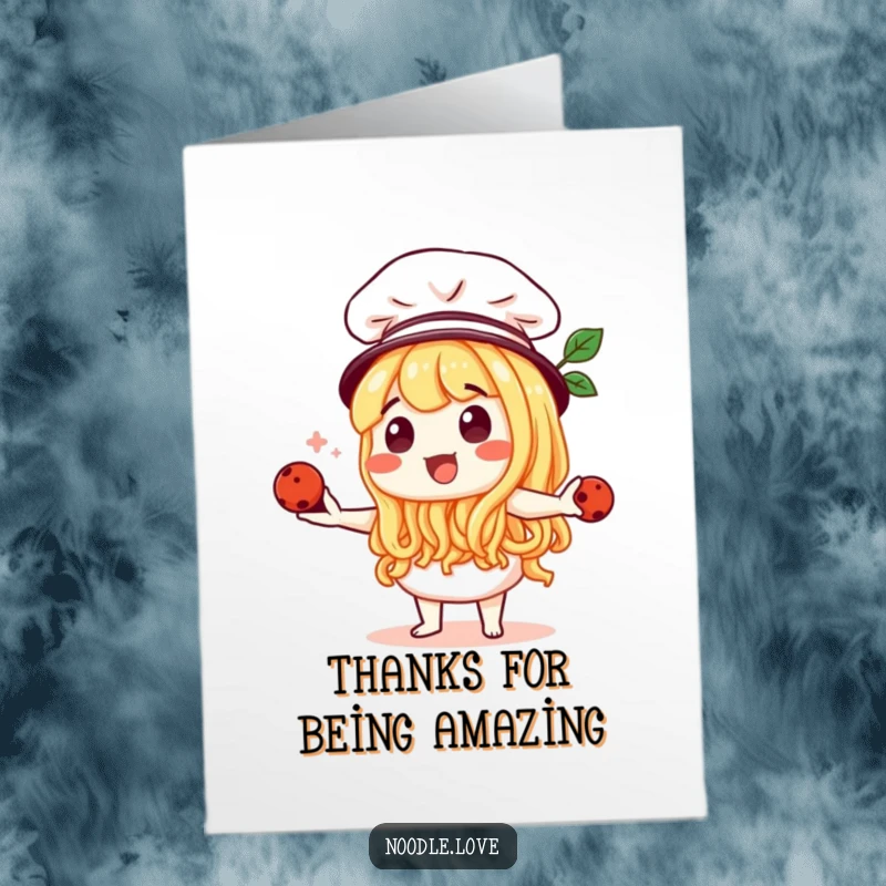 Funny Free Printable Thank You Card: Noodle chef juggling tiny meatballs, wearing a chef hat. A charming DIY printable.