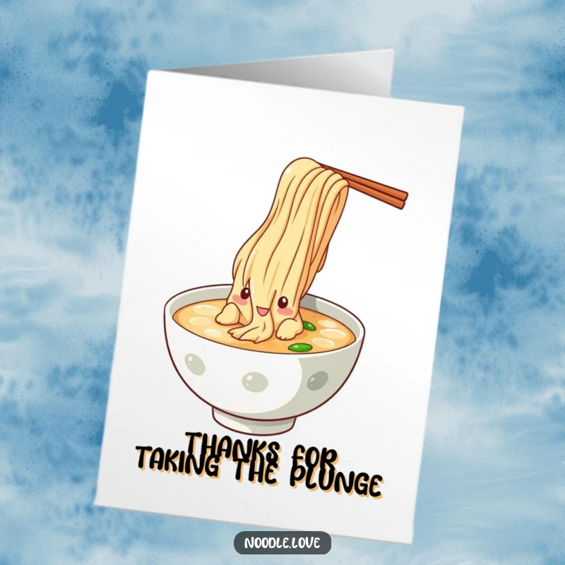 Funny Free Printable Thank You Card: Noodle character dramatically dives into broth, a humorous way to say thank you, a delightful printable gift.
