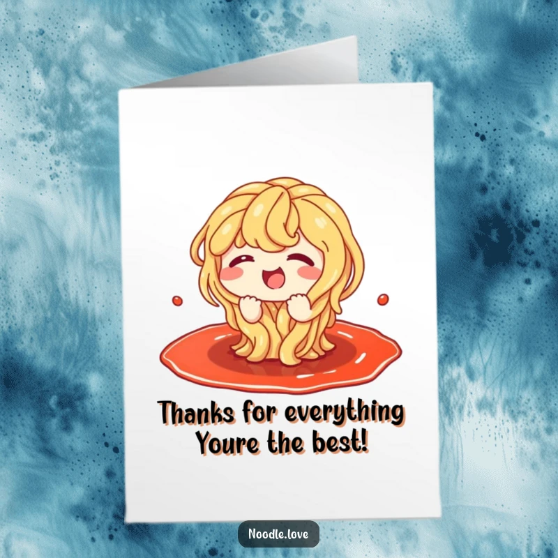 Funny Free Printable Thank You Card: A cute noodle character giggling while enjoying a splash in a sauce puddle.